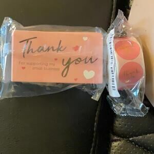 Thank you pink business cards and 1” stickers